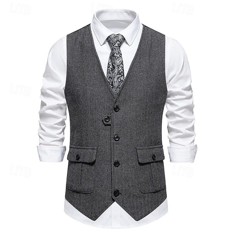 Brown Grey Men's Fashion Herringbone Tweed Vest Tailored Fit V Neck Single Breasted Four-buttons4