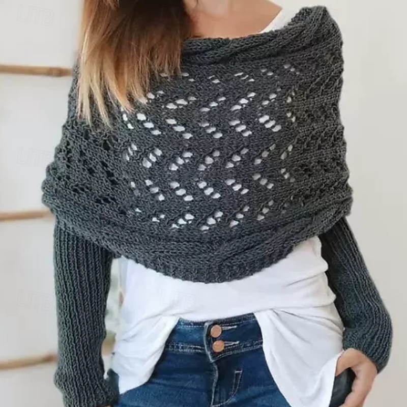 Scarf with Sleeves For Women 2024 New Women Knitted Cut Out Shawl Poncho Wrap  Knitted Cable Wrap Shrugs for Women3