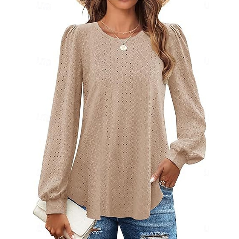 Women's Shirt Blouse Solid Color Basic Casual Long Sleeve Crew Neck Regular Tops Daily Eyelet Pink Green Khaki Fall Winter