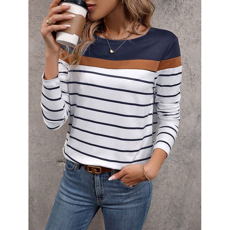 Women's T shirt Crew Neck Long Sleeve Tunic Color Block Striped Modern Casual  Regular Tops Daily Weekend Print Black White Fall Winter