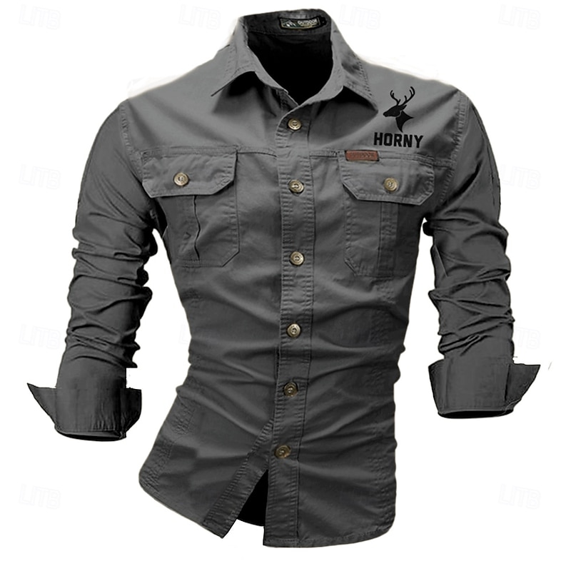 Men's Reindeer Deer Work Shirt Western Shirt Cargo Shirt Long Sleeve Western Casual Going out Hunting Spring Fall Turndown Print Black White Army Green Red Blue