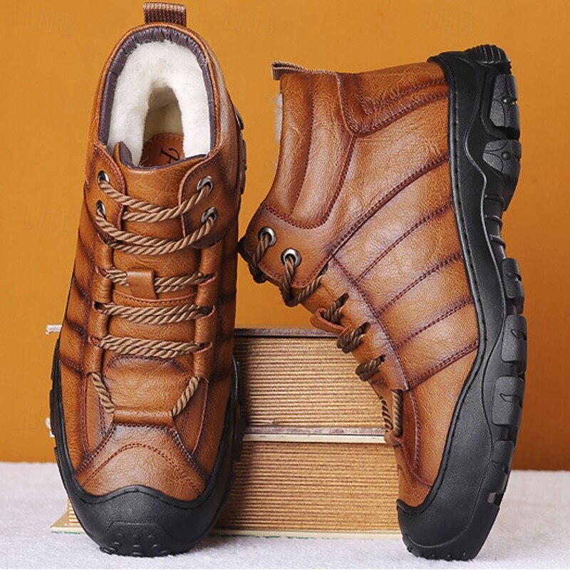 Men's Brown Faux Leather Hiking Boots with Plush Lining – Durable Winter Footwear for Outdoor Adventures2