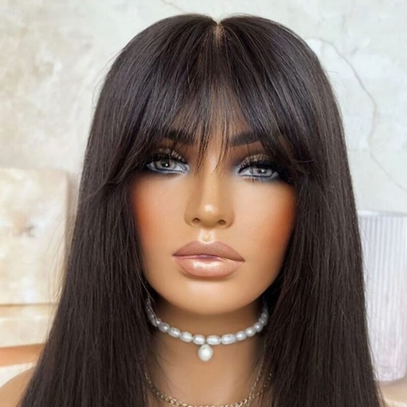 Human Hair 13x4 Lace Front Wig With Bangs Brazilian Hair Silky Straight Black Wig 130% 150% Density with Baby Hair 100% Virgin With Bleached Knots Pre-Plucked For Women Long Human Hair Lace Wig4