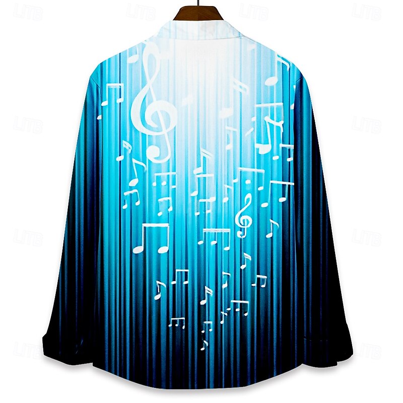 Men's Boardmasters Ombre Musical Notes Shirt Button Up Shirt Long Sleeve Casual Traveling Summer Spring Fall Turndown Pocket Blue2