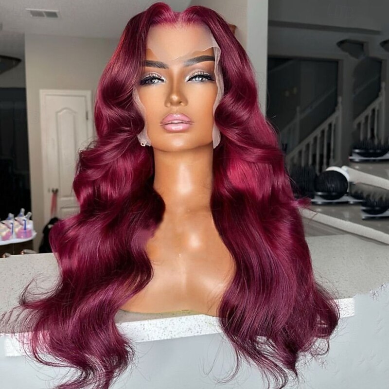Remy Human Hair 13x4 Lace Front Wig Free Part Brazilian Hair Body Wave Burgundy Bug Wig 130% 150% Density with Baby Hair Glueless Pre-Plucked For Women Long Human Hair Lace Wig3
