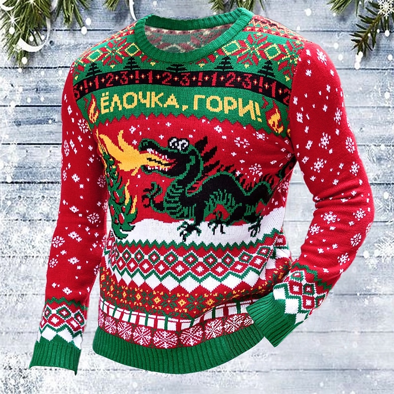 Men's Jacquard Sweater Ugly Christmas Sweater Sweater Pullover Sweater Jumper Xmas Sweater Knit Dragon Crew Neck Christmas Knitwear Party Christmas Clothing Apparel Winter Spring &  Fall Red S M L