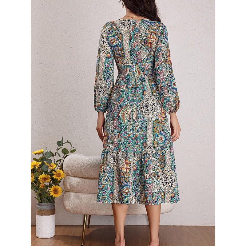 Women's Midi Dress Casual Dress Swing Dress A Line Dress Boho Dress Bohemia Vintage Casual Vacation Daily Regular Fit Paisley Long Sleeve Crew Neck Rainbow Summer Spring Fall2