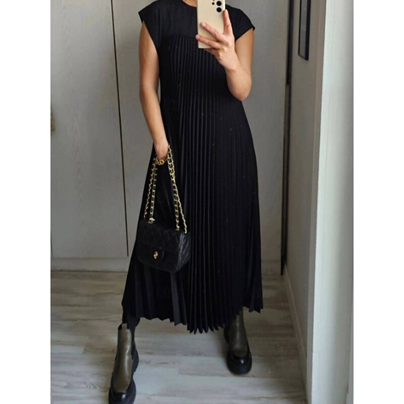 Women's Maxi Dress Casual Dress Solid Color Fashion Streetwear Party Office Daily Pleated Sleeveless Crew Neck Dress Regular Fit Black Yellow Beige Summer S M L XL XXL3