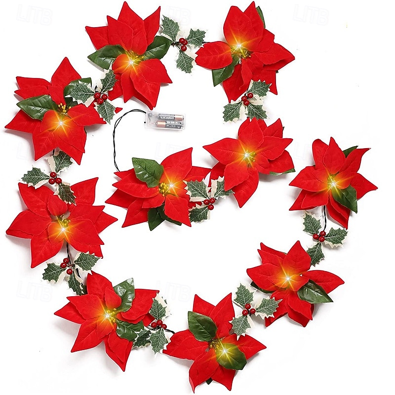 Christmas Poinsettia Garland with Light, Lighted Artificial Garlands with Red Flowers and Berries, Battery/USB Operated Poinsettia String Lights, Light up for Xmas