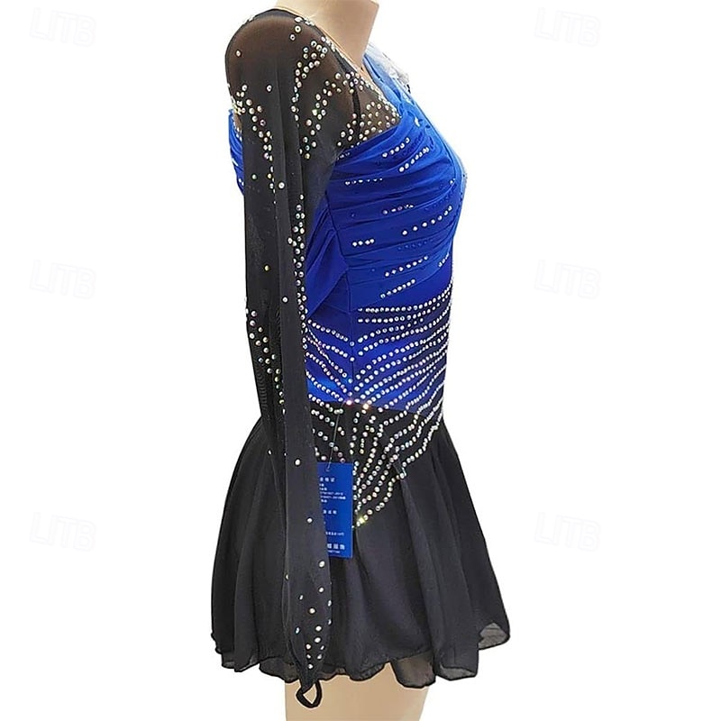Figure Skating Dress Women's Girls' Ice Skating Dress Blue Black Patchwork High Elasticity Training Competition Skating Wear Classic Crystal / Rhinestone Long Sleeve Ice Skating Figure Skating3