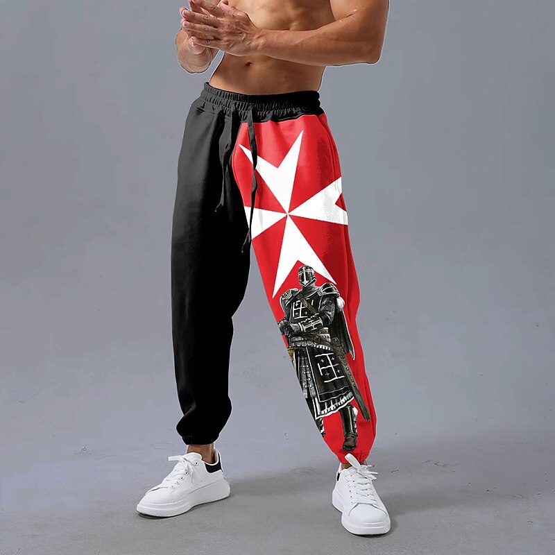 Men's Knights Templar Fleece Sweatpants Drawstring Elastic Waist Vintage Casual Outdoor Home Dailywear Pocket Thermal Winter 3D Print Black / Red