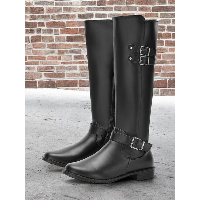 Women's Black Knee-High Riding Boots with Buckle Straps and Low Heel – Classic Equestrian Style Boots for Everyday and Outdoor Wear