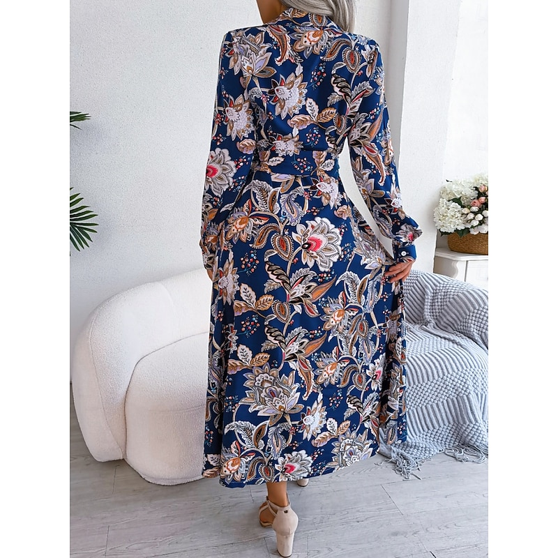 Women's Maxi Dress Casual Dress Swing Dress A Line Dress Boho Dress Casual Daily Regular Fit Floral Long Sleeve Shirt Collar Royal Blue Summer Spring Fall2