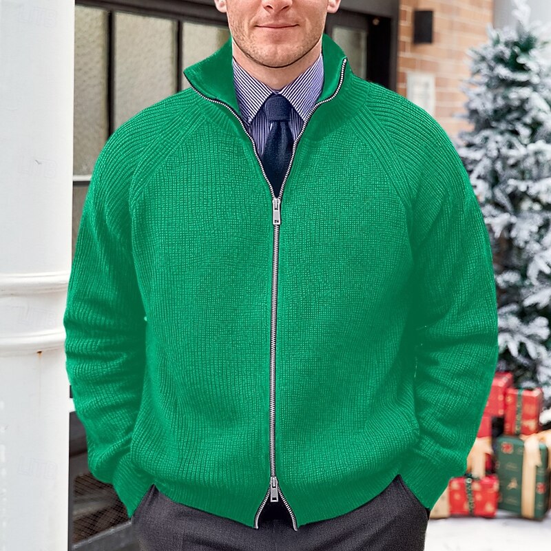 Men's Christmas Sweaters Cardigan Sweater Cardigan Zip Sweater Sweater Jacket Chunky Knit Zipper Ribbed Solid Color Standing Collar Christmas Knitwear Daily Wear Date Clothing Apparel Raglan Sleeves2