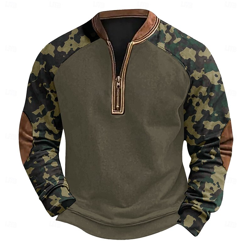 Men's Sweatshirt Quarter Zip Sweatshirt Black Dark Green Camouflage Green Gray Half Zip Color Block Camo / Camouflage Half Zip Print Casual Daily Holiday Polyester Vintage Streetwear Casual Fall3