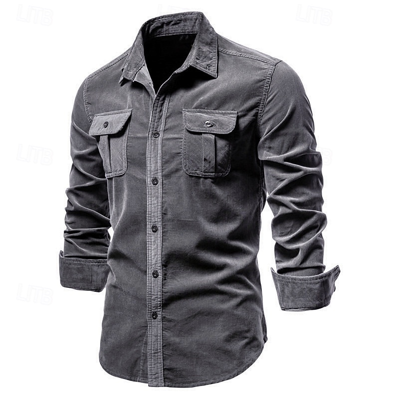Men's Button Down Shirt Casual Shirt Corduroy Shirt Navy Blue Blue Green khaki Gray Long Sleeve Solid Color Turndown Shirt Collar Outdoor Daily Clothing Apparel Warm Daily3