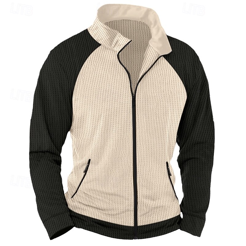 Men's Waffle T-shirt T Shirt Tee Top Long Sleeve Shirt Long Sleeve Banded Collar Spring &  Fall Color Block Daily Casual Street Style Zipper Pocket Outdoor Street Causal White Gray Orange Top Tee for4