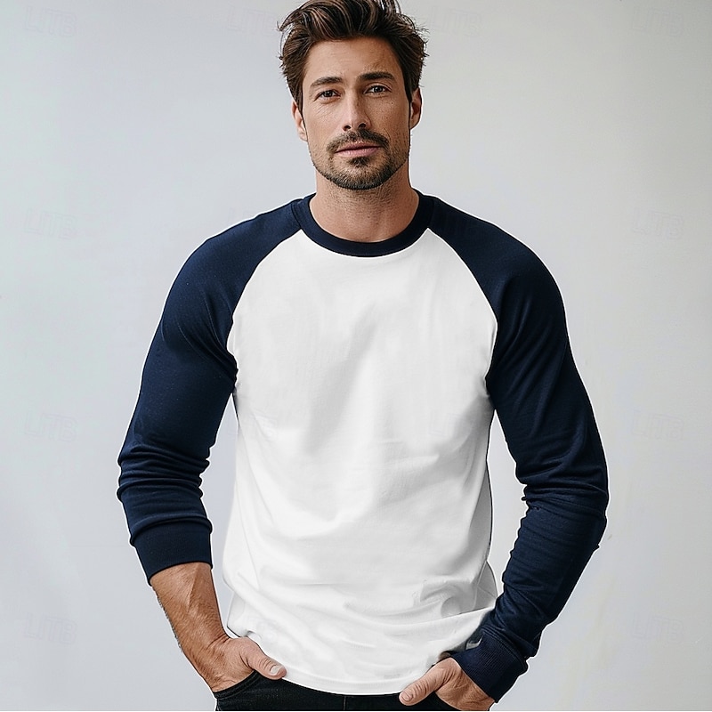 Men's 100% Cotton T shirt Crew Neck School Training Long Sleeve Color Block Clothing Apparel Warm Vacation Neutral Fashion