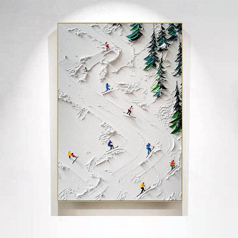 Handpaint 3D White Snowfield Skiing Canvas Hand Painting Original Skier Gift Personalized Winter Decor Textured Knife Painting Ski Art White Pine Frame Ready To Hang Or No Frame4