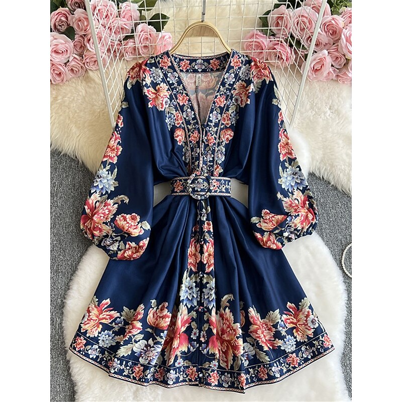 Women's Midi Dress Casual Dress Swing Dress A Line Dress Boho Dress Vintage Casual Daily Regular Fit Floral Long Sleeve V Neck Dark Blue Beige Spring Fall