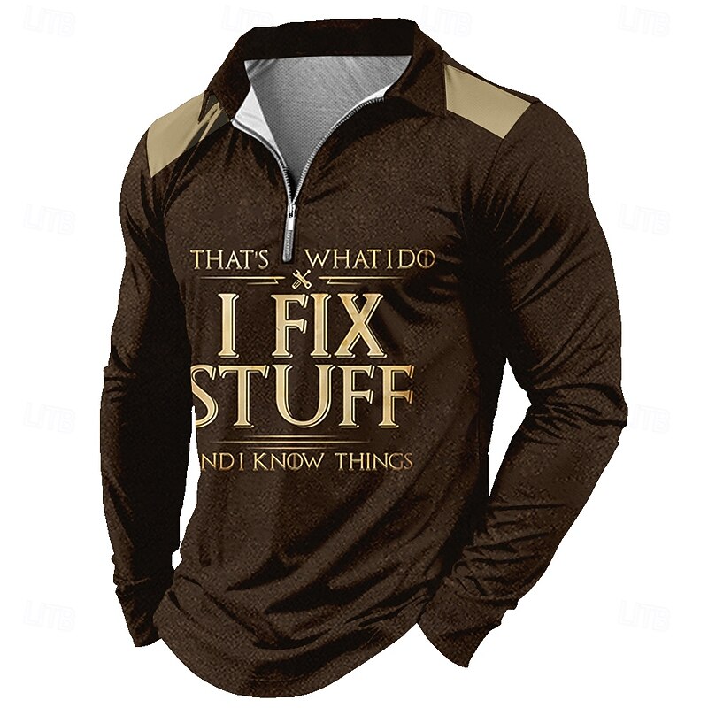 Men's Long Sleeve Quarter-Zip Graphic T-Shirt with 'I Fix Stuff And I Know Things' Work Humor Print, Collared2