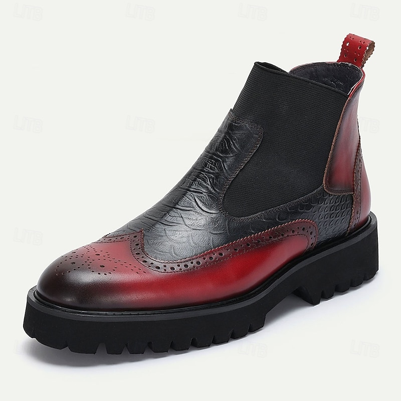 Men's Premium Cowhide Chelsea Boots – Red and Black Leather Brogue Detail with Textured Pattern, Rugged Sole, Stylish Casual & Formal Footwear3