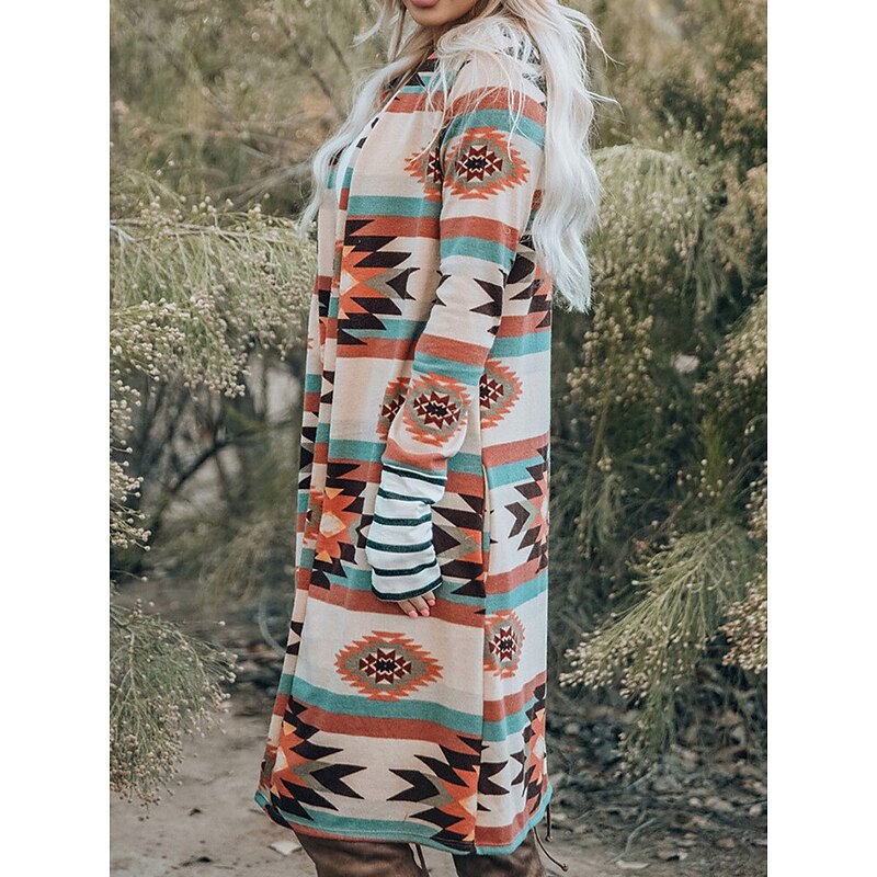 Women's Casual Jacket Outdoor Street Daily Wear Fall Long Coat Regular Fit Thermal Warm Breathable Stylish Casual Jacket Long Sleeve Geometric Print Pink Brown Rainbow2