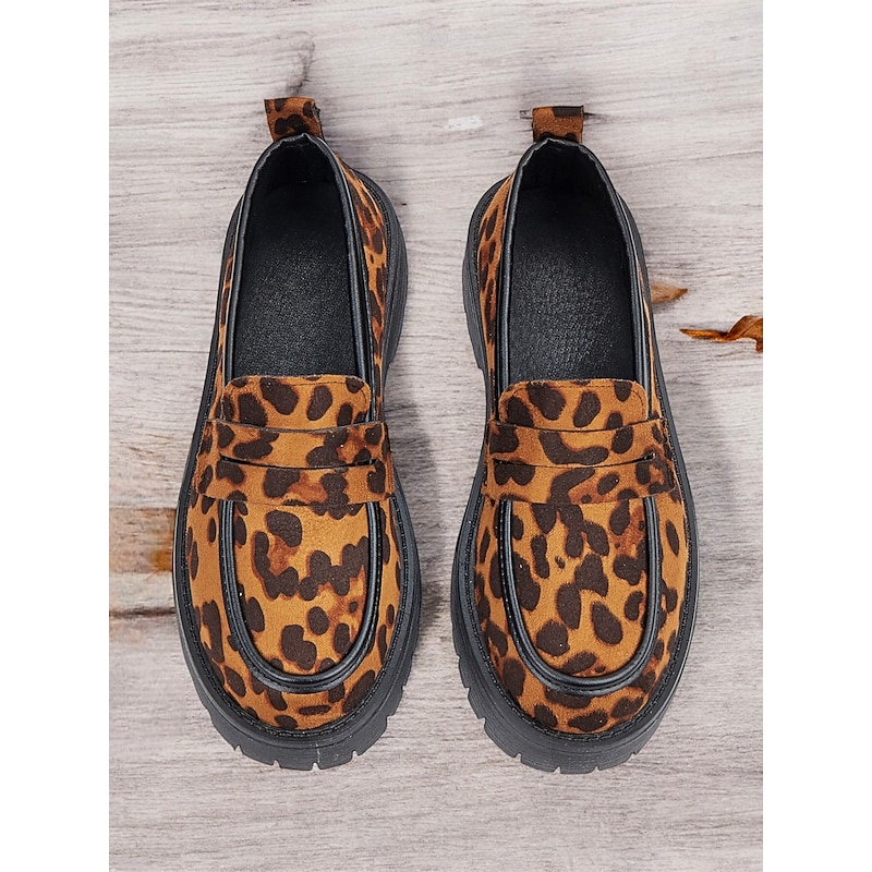 Women's Leopard Print Chunky Loafers - Suede Slip-On Shoes with Rugged Sole, Perfect for Casual and Streetwear Styles2