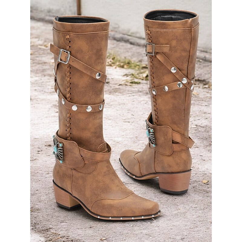 Women's Western Cowgirl Boots – Vintage Knee-High Studded Boots with Turquoise Buckle and Lace-Up Detail, Perfect for Rodeo and Country Style2