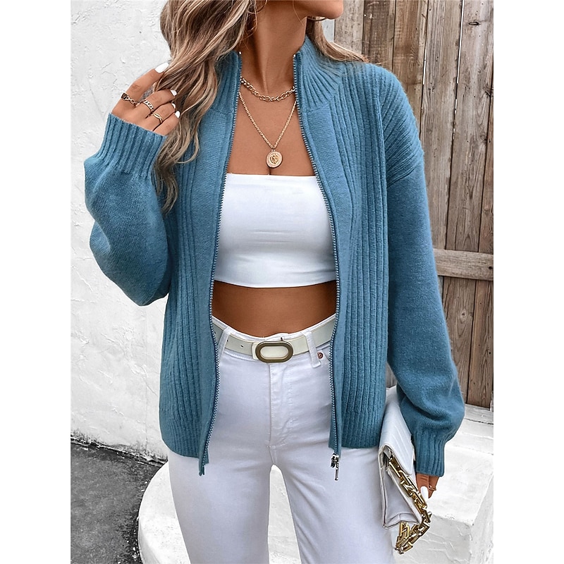 Women's Sweater Cardigan Casual Soft Pure Color Ribbed Stand Collar Zipper Knitted Long Sleeve Regular Tops Knit Outdoor Daily Weekend Blue Fall Winter4