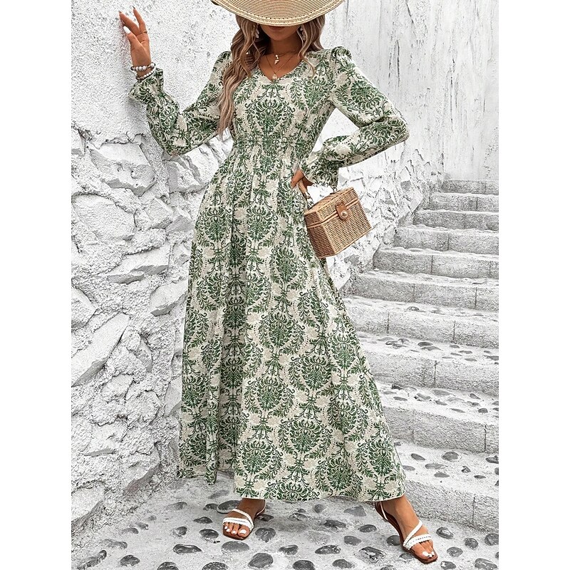 Women's Maxi Dress Casual Dress Swing Dress A Line Dress Boho Dress Casual Daily Regular Fit Floral Long Sleeve V Neck Black White Green Summer Spring Fall3