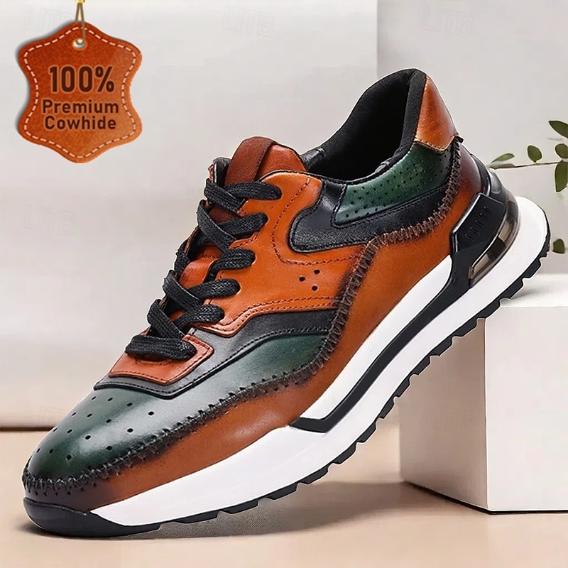 Men's Premium Cowhide Leather Sneakers – Vintage Lace-Up Casual Shoes with Color Block Design for Everyday and Fashion Wear