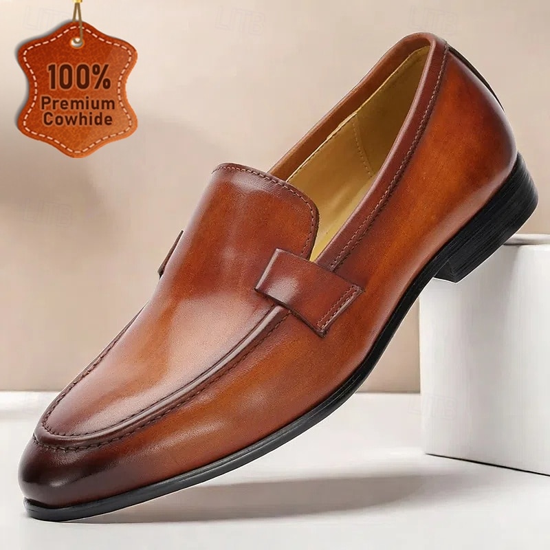 Men's Classic Brown Leather Loafers – Premium Cowhide Slip-On Dress Shoes for Business and Formal Occasions