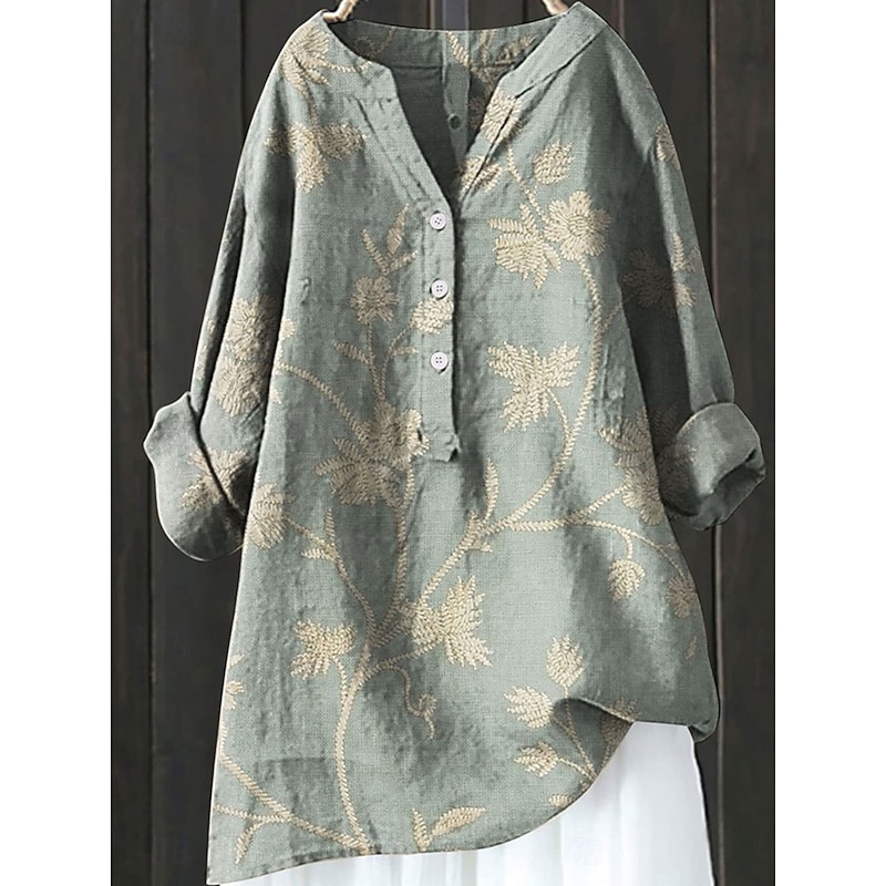 Women's Shirt Linen-Inspired Shirts Long Sleeve V Neck Red Green Gray Spring Fall4