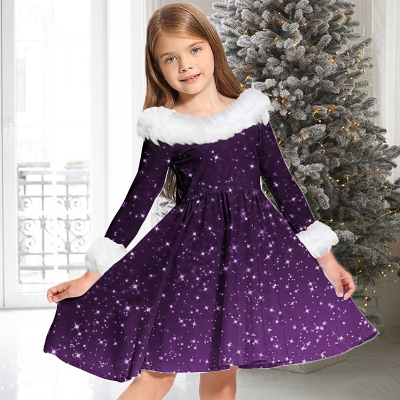 Kids Girls' Dress Gradient Long Sleeve Christmas Gifts Casual Fur Trim Crewneck Elegant Adorable Polyester Above Knee Casual Dress Swing Dress A Line Dress Fall Winter 3-10 Years Pink Wine Red