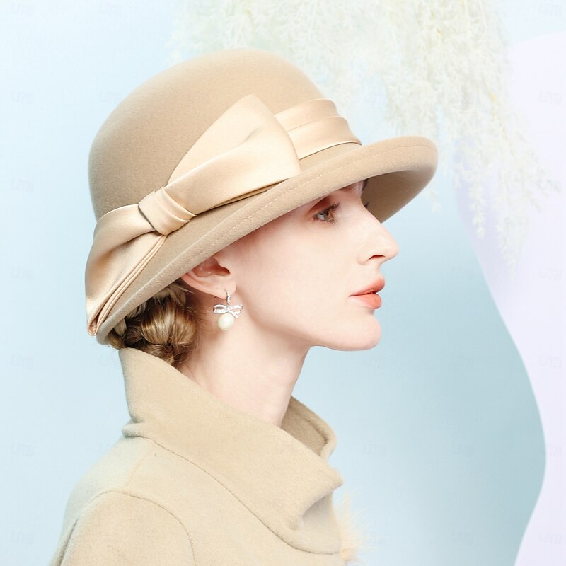 Hats 100% Wool Bowler / Cloche Hat Fedora Hat Wedding Tea Party Elegant Wedding With Bowknot Splicing Headpiece Headwear3