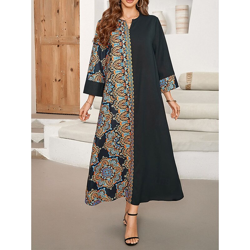 Women's Maxi Dress Casual Dress Kaftan Dress Boho Dress Casual Daily Regular Fit Geometric 3/4 Length Sleeve Notched Neck Black Spring Fall
