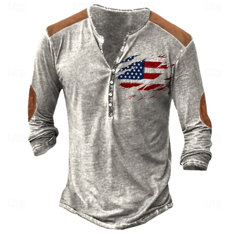 Men's Button T Shirt T Shirt Henley Shirt Tee Long Sleeve Henley Spring &  Fall National Flag Fashion Designer Printing Vacation Street Going out Dark Navy Light Grey Khaki Top Tee for Men