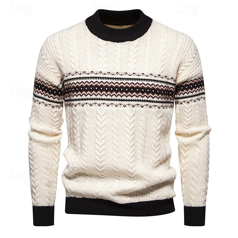 Men's Pullover Sweater Jumper Knit Sweater Fair Isle Pullover Sweater Ribbed Cable Knit Regular Knitted Color Block Crew Neck Fashion Basic Daily Wear Date Clothing Apparel Fall & Winter Black White4