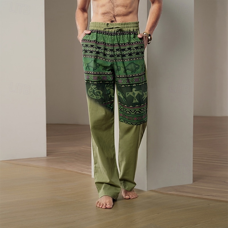 Men's Color Block Cow Graphic Prints Linen Pants Trousers Baggy Pants Mid Waist Streetwear Hawaiian Designer Casual Daily Holiday Drawstring Elastic Waist 3D Print Autumn / Fall Spring & Summer 3D