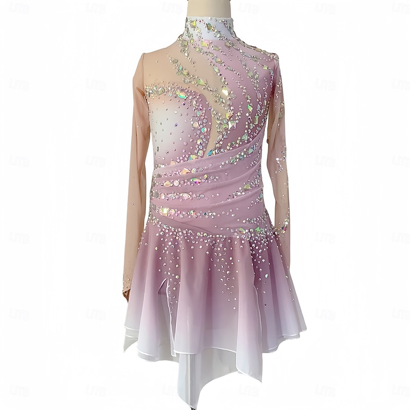 Figure Skating Dress Women's Girls' Ice Skating Dress Dusty Rose Thumbhole Halo Dyeing Mesh Spandex Stretchy Training Practice Professional Skating Wear Thermal Warm Classic Crystal / Rhinestone Long