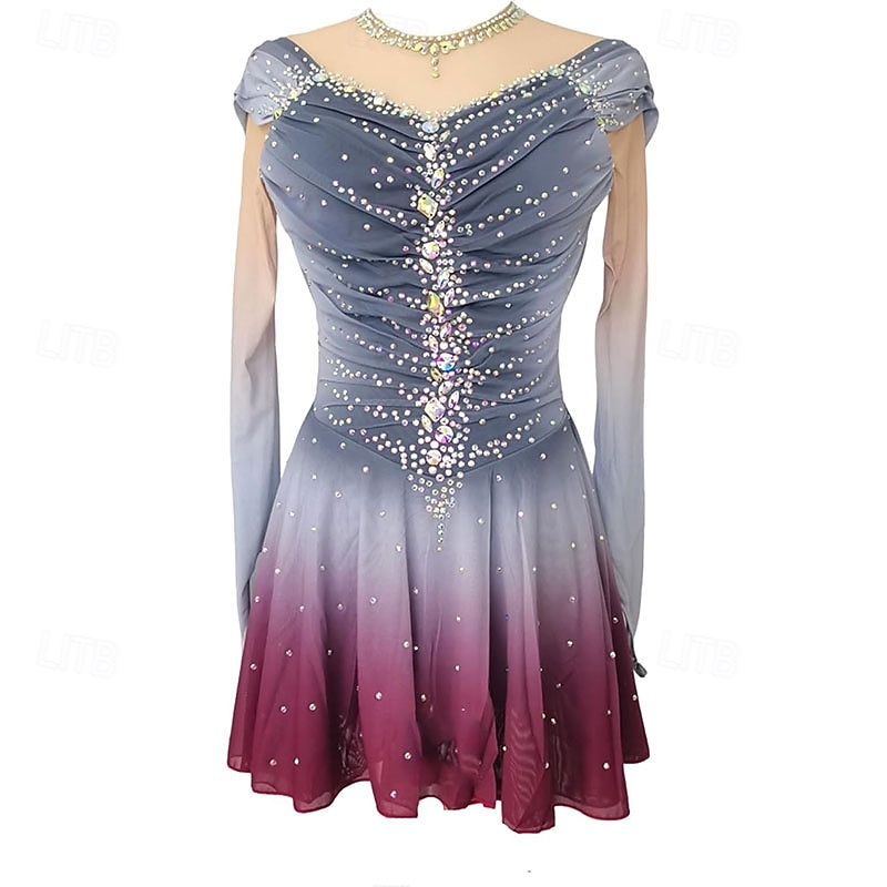 Figure Skating Dress Women's Girls' Ice Skating Dress Jacinth Gray Patchwork High Elasticity Training Competition Skating Wear Classic Crystal / Rhinestone Long Sleeve Ice Skating Figure Skating