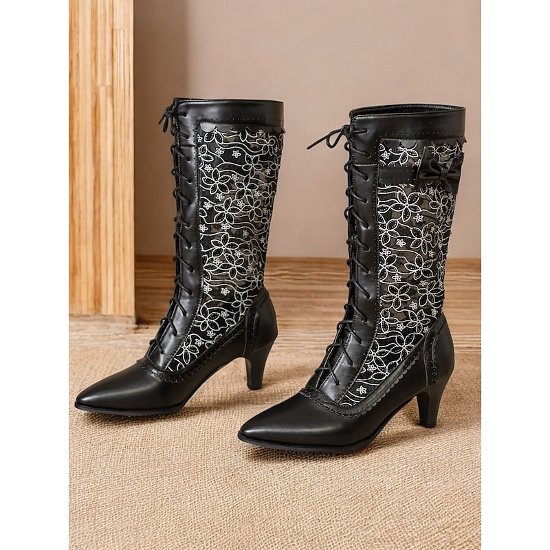 Women's Victorian Lace-Up Boots with Floral Lace Panels, Bow Detailing, and Pointed Toe – Elegant Retro Style for Cosplay, Parties, and Special Occasions