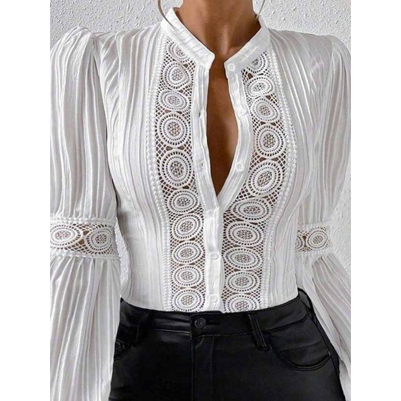 Women's Shirt Blouse Solid Color Basic Casual Long Sleeve V Neck Regular Tops Daily Lace Patchwork Buttons White Summer Spring Fall2