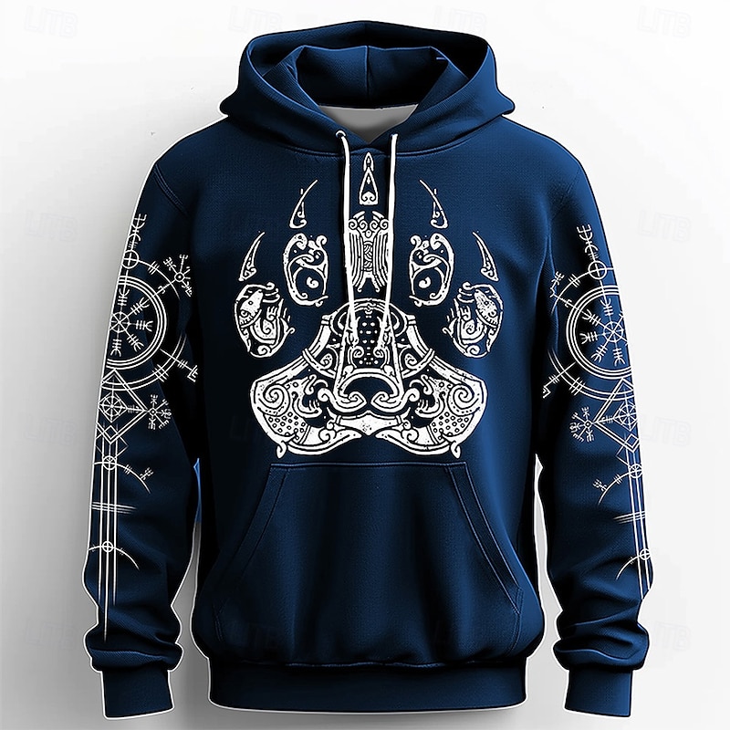 Men's Footprint / Paw Viking Hoodies Sweatshirt Fashion Cool Long Sleeve Crew Neck Party Holiday Streetwear Black Blue Drawstring Fall Winter Designer2