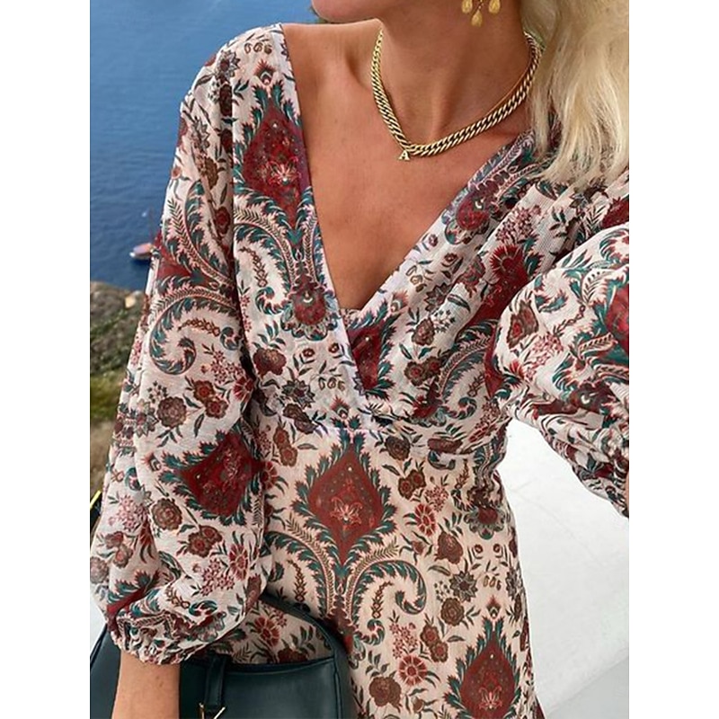 Women's Paisley V Neck Maxi Dress Long Sleeve Summer Spring3