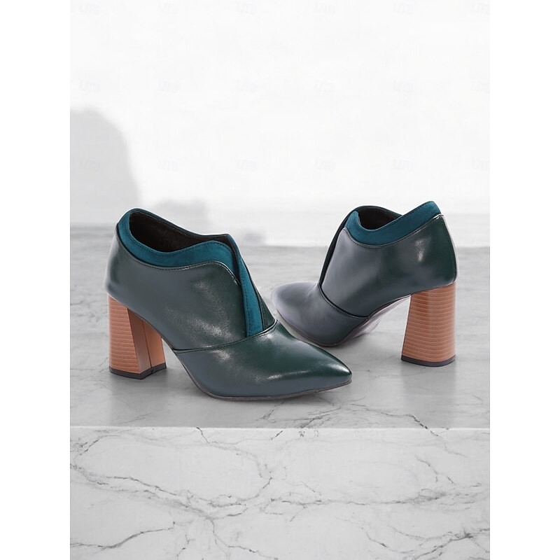 Women's Green Faux Leather Pointed-Toe Ankle Boots with Block Heels – Modern and Sophisticated Shoes for Office and Evening Wear3