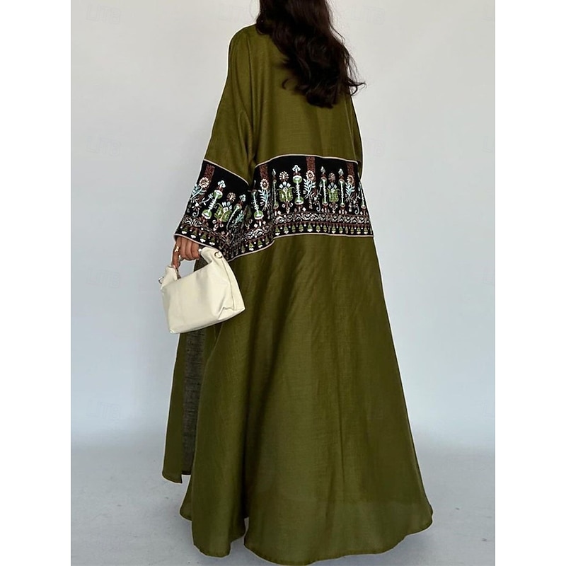 Women's Casual Jacket Daily Wear Summer Spring Fall Maxi Coat Regular Fit Breathable Artistic / Retro Casual Jacket Long Sleeve Floral Embroidered Black Green2