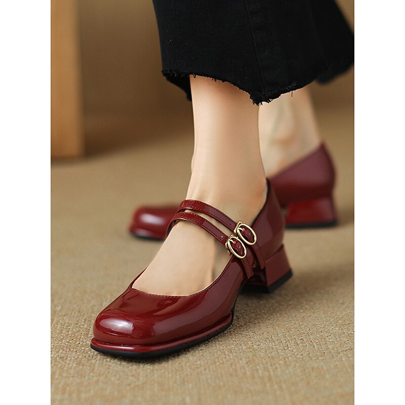 Women's Vintage Double Strap Mary Jane Shoes, Patent Leather Block Heels with Buckle Detail, Perfect for Retro Style and Casual Occasions3