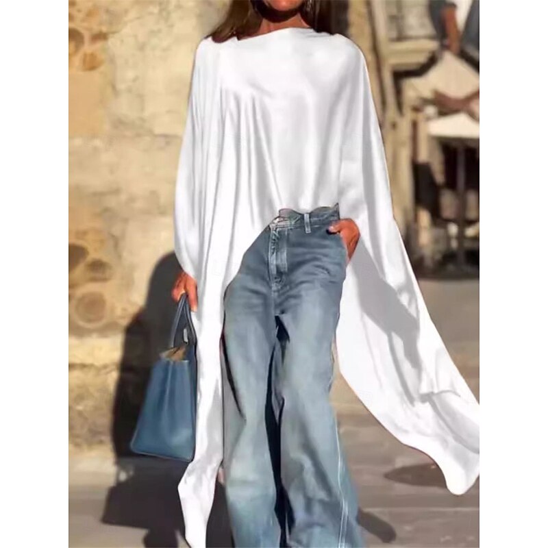 Women's Shirt Elegant Dressy Satin Solid Color Basic Casual Long Sleeve Asymmetrical Strap Long Tops Daily Going out Asymmetric Hem White Wine Blue Fall Winter3